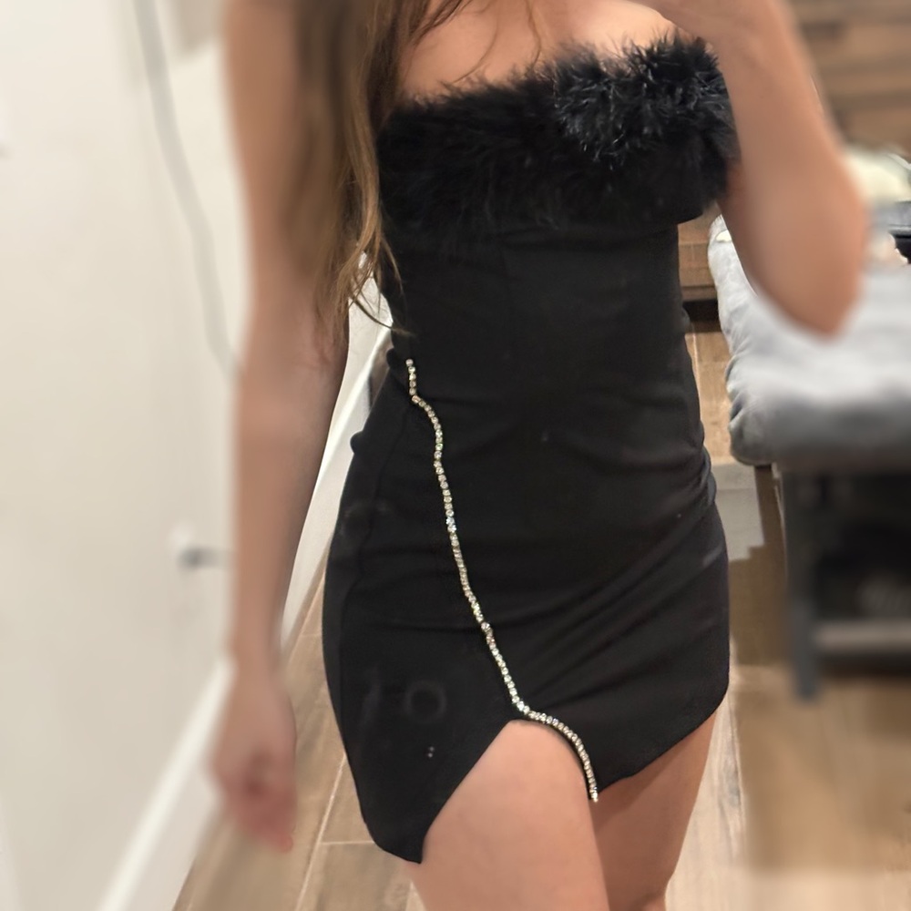 Black Strapless Mini Dress with Feather and Rhinestone Details